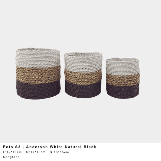 Anderson Seagrass Pot – White/Natural/Black (Single or Set of 3)