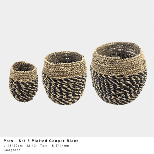 Cooper Seagrass Pot – Plaited Black Weave (Single or Set of 3)