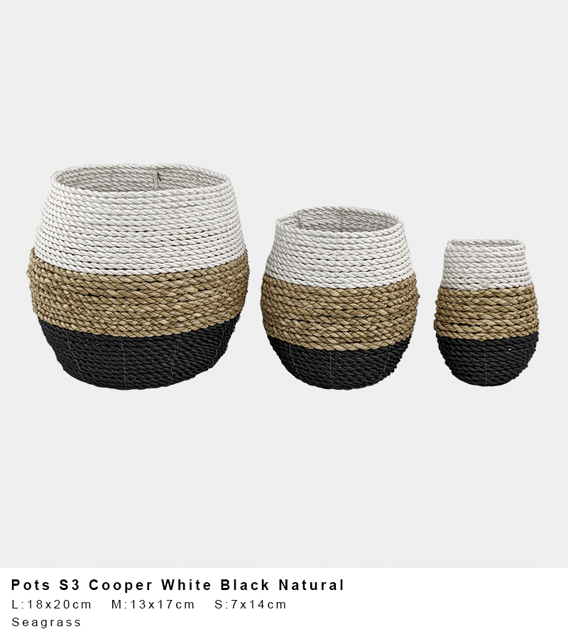 Cooper Seagrass Pot – White Natural Black Block Weave (Single or Set of 3)