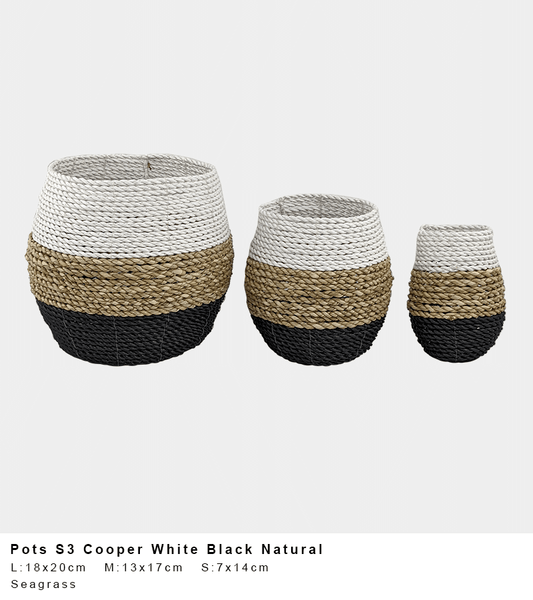 Cooper Seagrass Pot – White Natural Black Block Weave (Single or Set of 3)