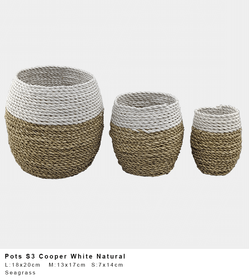 Cooper Seagrass Pot – White Natural Block Weave (Single or Set of 3)
