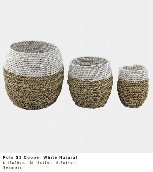 Cooper Seagrass Pot – White Natural Block Weave (Single or Set of 3)