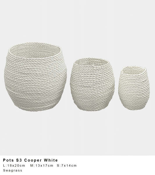 Cooper Seagrass Pot – White Block Weave (Single or Set of 3)